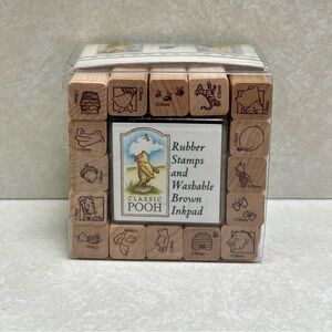 Vintage Winnie the Pooh Mini Rubber Stamps Set Disney Classic Pooh Brown Inkpad
